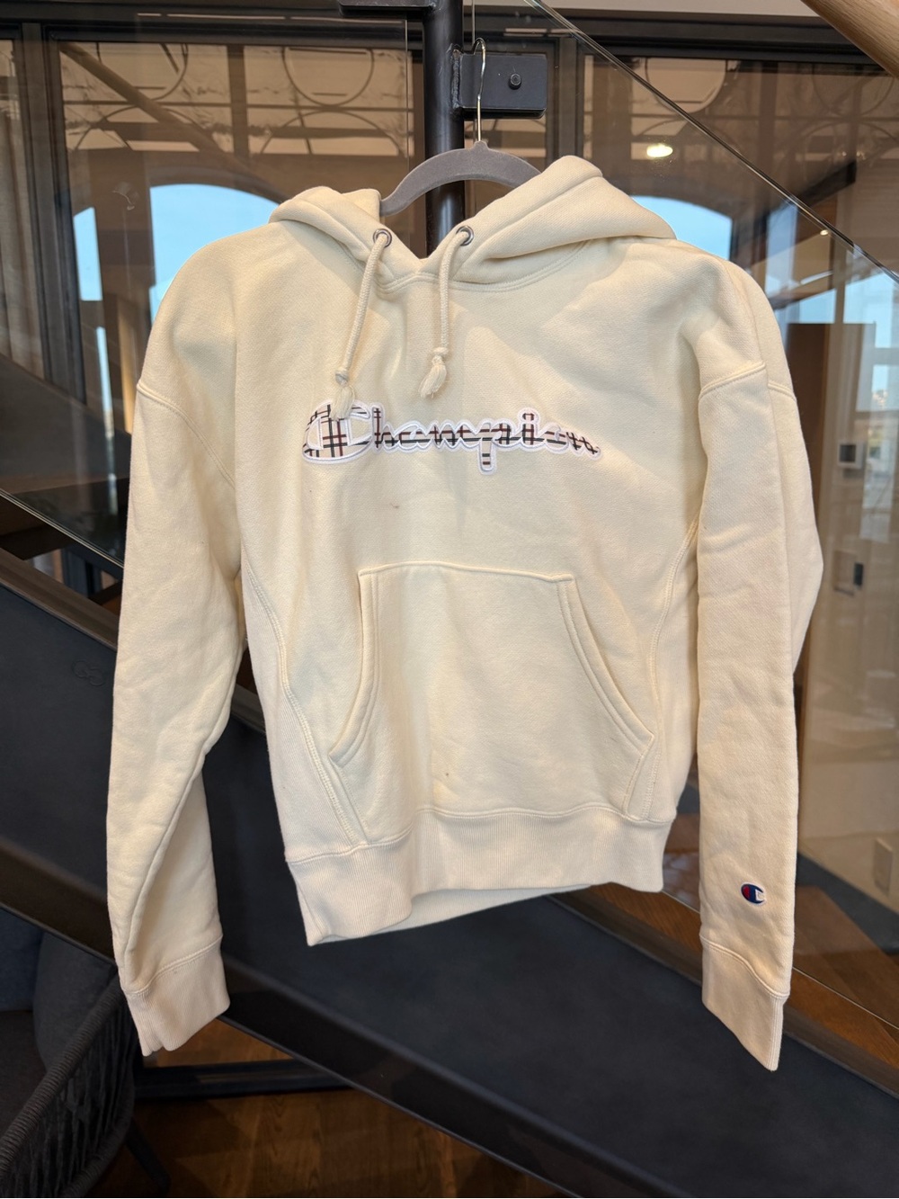 Champion Cream Urban Outfitters Hoodie with Plaid Detail
